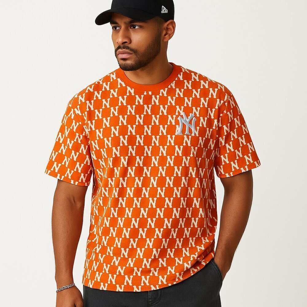MLB Korea Yankees Monogram Tee Cotton Streetwear Graphic Orange White Mens M